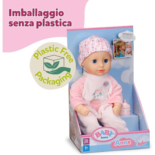 BABY Anna: 36 cm große Puppe mit weichem Körper, schließenden Augen, rosa Strampler und Flasche