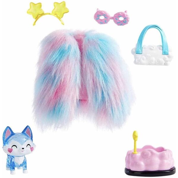 Barbie Extra durchscheinender blauer Husky-Welpe mit einzigartigen Modeaccessoires