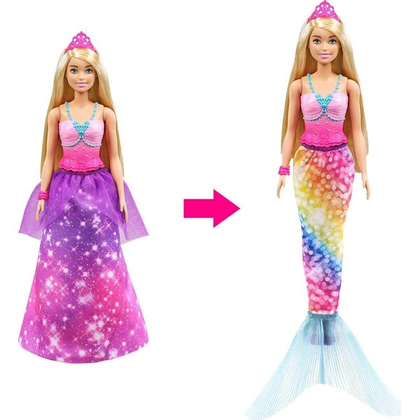 Barbie Dreamtopia 2in1 Prinzessin und Meerjungfrau mit 3 Outfits und Accessoires für Kinder ab 3 Jahren
