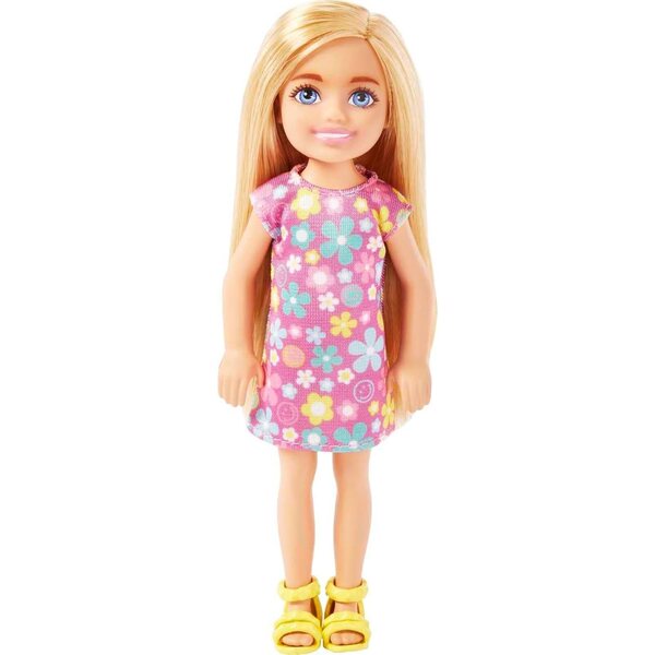 Barbie Chelsea-Puppe, blond, blaue Augen, lila Blumenkleid, gelbe Schuhe, 15,2 cm