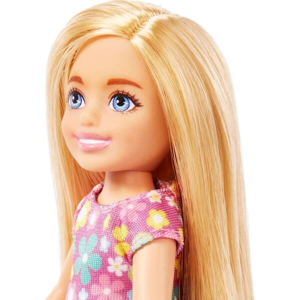 Barbie Chelsea-Puppe, blond, blaue Augen, lila Blumenkleid, gelbe Schuhe, 15,2 cm