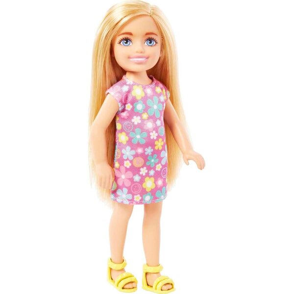 Barbie Chelsea-Puppe, blond, blaue Augen, lila Blumenkleid, gelbe Schuhe, 15,2 cm