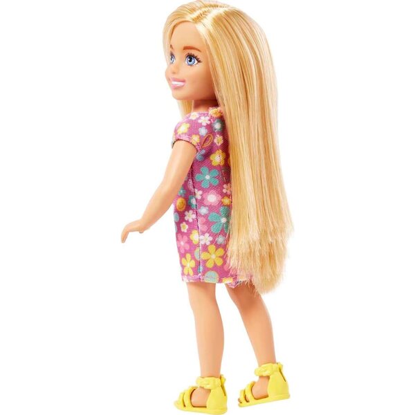 Barbie Chelsea-Puppe, blond, blaue Augen, lila Blumenkleid, gelbe Schuhe, 15,2 cm