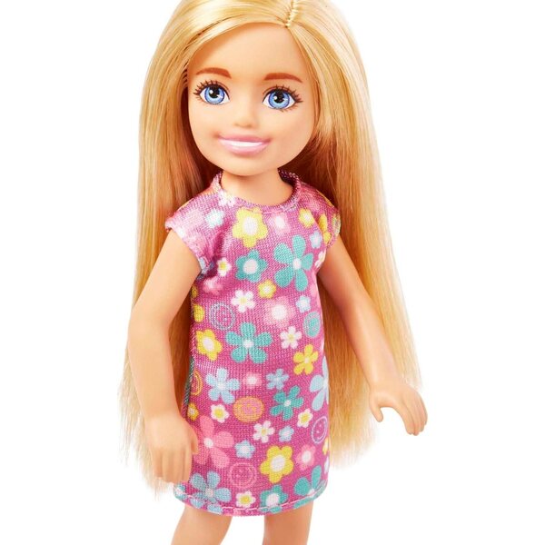 Barbie Chelsea-Puppe, blond, blaue Augen, lila Blumenkleid, gelbe Schuhe, 15,2 cm