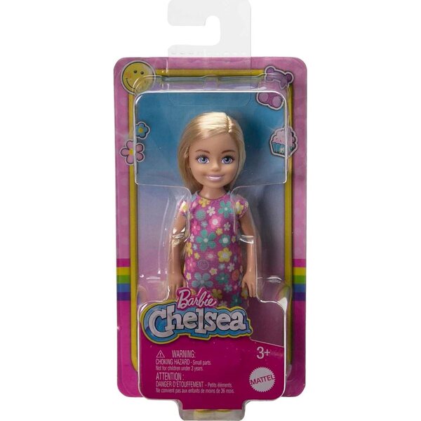 Barbie Chelsea-Puppe, blond, blaue Augen, lila Blumenkleid, gelbe Schuhe, 15,2 cm