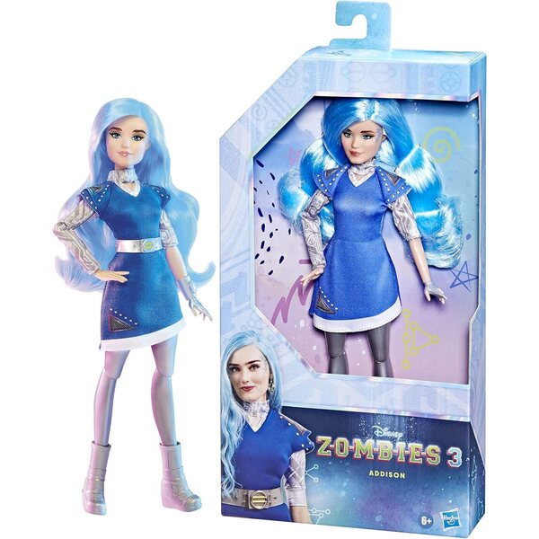 Bambola Disney Princess Addison Zombies 3, 30,5 cm con vestito blu, accessori e 11 articolazioni