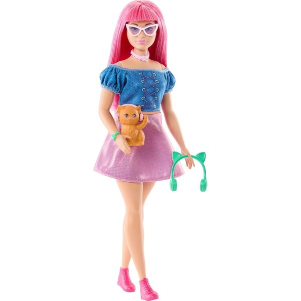 Barbie Mysteries Daisy-Puppe mit abnehmbarem Kleid und Kätzchen mit Kopfhörern, Erzählspiel