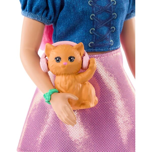 Barbie Mysteries Daisy Doll con vestito rimovibile e gattino con cuffie, gioco narrativo