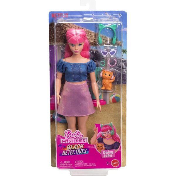 Barbie Mysteries Daisy Doll con vestito rimovibile e gattino con cuffie, gioco narrativo