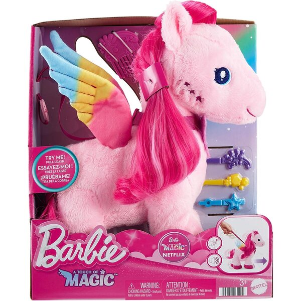 Barbie Pegasus glitzernde Flügel – magischer Plüsch 28 cm mit Geräuschen, Zubehör und Bewegung
