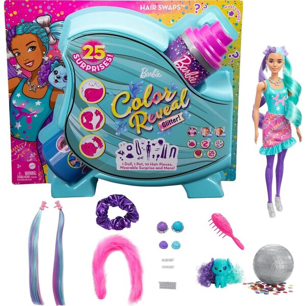 Barbie Color Reveal Glitter mit 25 Überraschungen und Zubehör für Partyfrisuren ab 3 Jahren