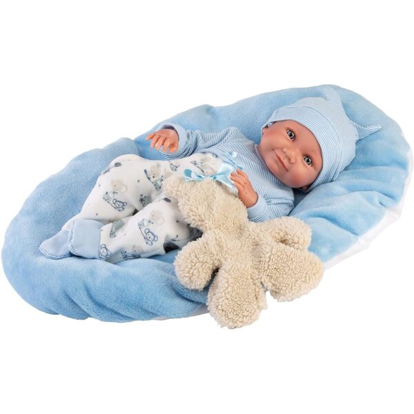 Bambola Nico 40 cm con occhi azzurri, vestito blu, orsacchiotto e cuscino - Llorens