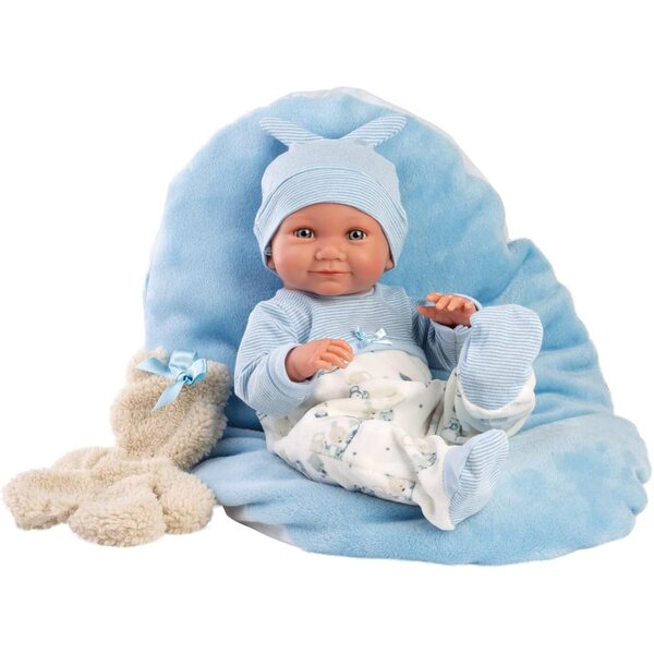 Bambola Nico 40 cm con occhi azzurri, vestito blu, orsacchiotto e cuscino - Llorens