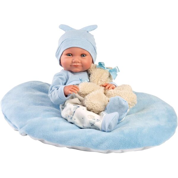 Bambola Nico 40 cm con occhi azzurri, vestito blu, orsacchiotto e cuscino - Llorens