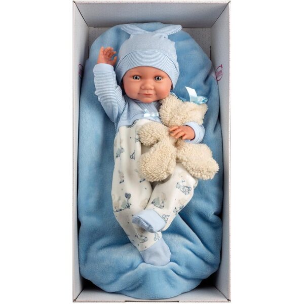 Bambola Nico 40 cm con occhi azzurri, vestito blu, orsacchiotto e cuscino - Llorens