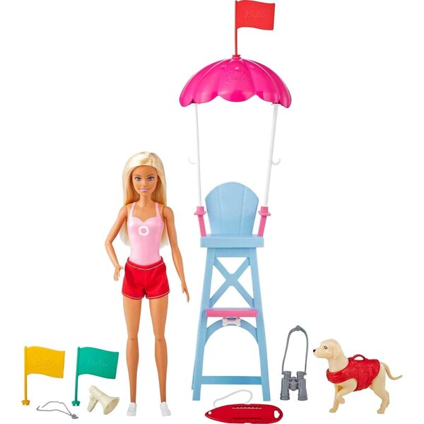 Barbie Spielset Rettungsschwimmerpuppe mit rosa Kostüm, Hund und Zubehör für Kinder ab 3 Jahren