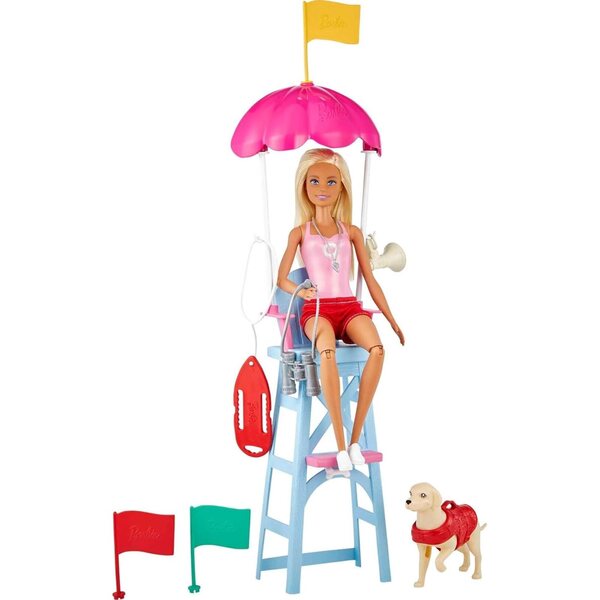 Barbie Spielset Rettungsschwimmerpuppe mit rosa Kostüm, Hund und Zubehör für Kinder ab 3 Jahren