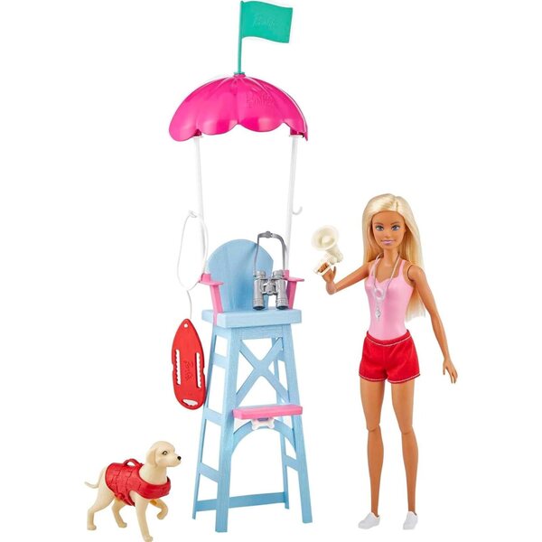Barbie Spielset Rettungsschwimmerpuppe mit rosa Kostüm, Hund und Zubehör für Kinder ab 3 Jahren