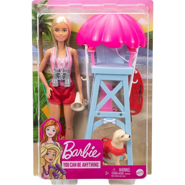 Barbie Spielset Rettungsschwimmerpuppe mit rosa Kostüm, Hund und Zubehör für Kinder ab 3 Jahren