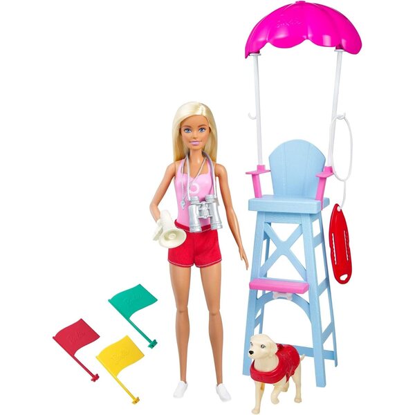 Barbie Spielset Rettungsschwimmerpuppe mit rosa Kostüm, Hund und Zubehör für Kinder ab 3 Jahren