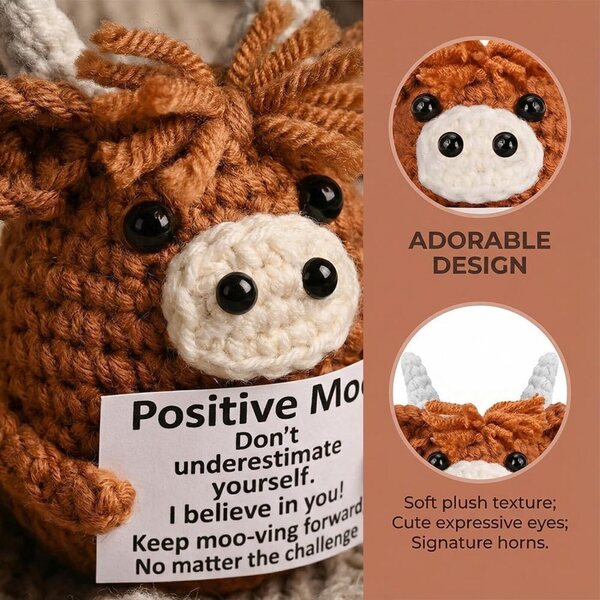 Gestrickte Weihnachts-Hochlandkuh-Puppe mit positiver Botschaft, Mini-Festdekoration