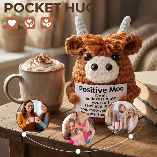 Gestrickte Weihnachts-Hochlandkuh-Puppe mit positiver Botschaft, Mini-Festdekoration