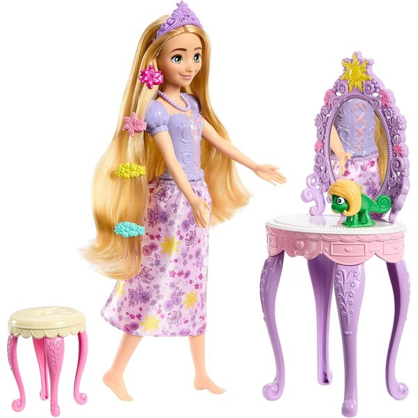 Mattel Disney Princess Rapunzel mit Spiegel, Puppe, Pascal und Zubehör – Kreativspiel 3+
