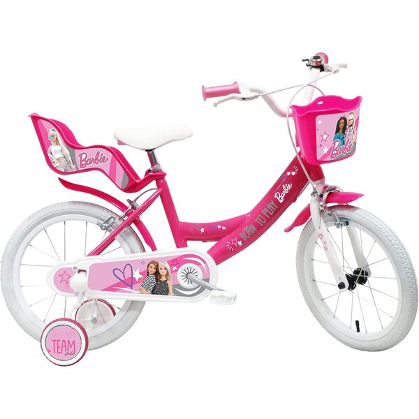 Barbie 16" rosa-weißes Fahrrad mit Stützrädern und Vorderkorb