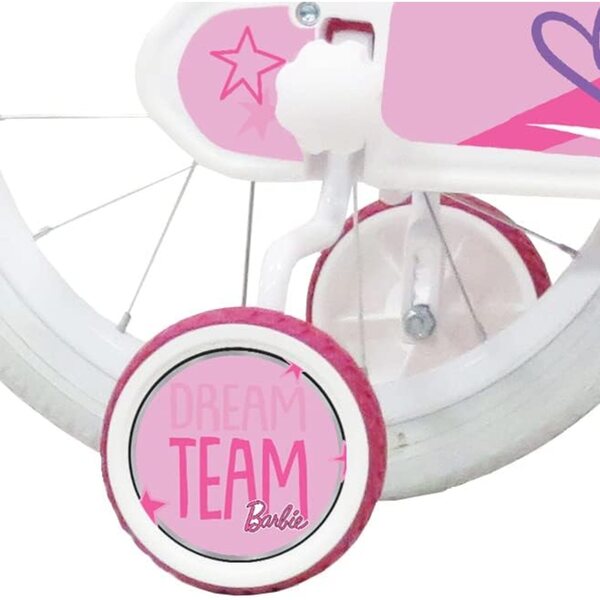 Barbie 16" rosa-weißes Fahrrad mit Stützrädern und Vorderkorb