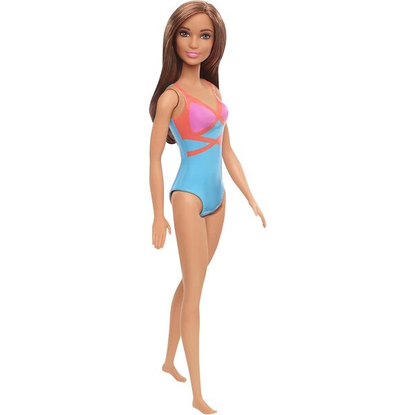 Brünette Barbie-Puppe mit blauem, rosa und orangefarbenem Badeanzug für Kinder ab 3 Jahren