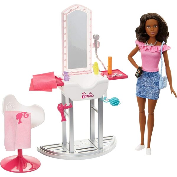 Afroamerikanische Barbie mit Schönheitssalon-Spielset und Zubehör – Spiel für Kinder ab 3 Jahren