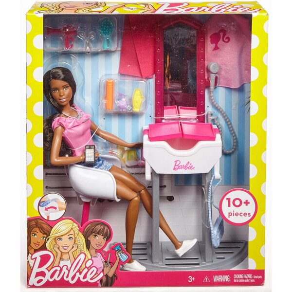 Afroamerikanische Barbie mit Schönheitssalon-Spielset und Zubehör – Spiel für Kinder ab 3 Jahren