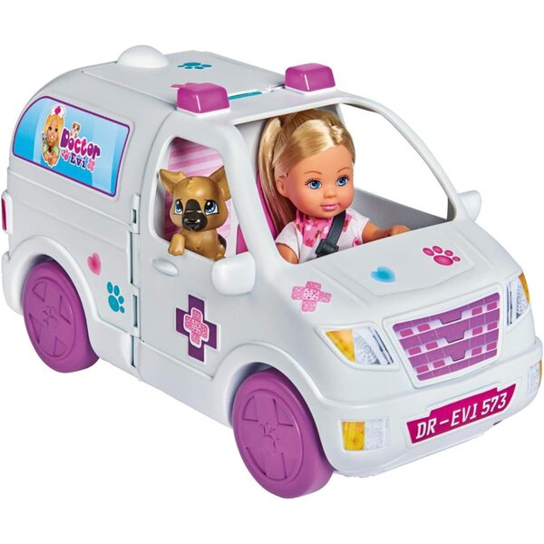 Evi Love Auto Veterinary 2 in 1 mit Puppe, Tieren und Smoby-Zubehör