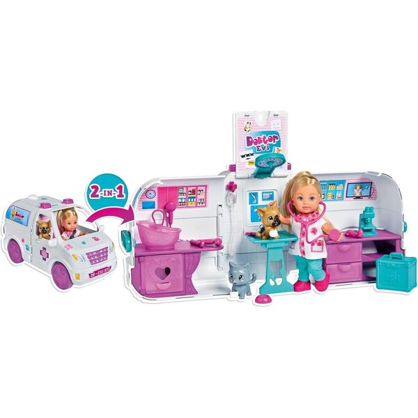 Evi Love Auto Veterinary 2 in 1 mit Puppe, Tieren und Smoby-Zubehör