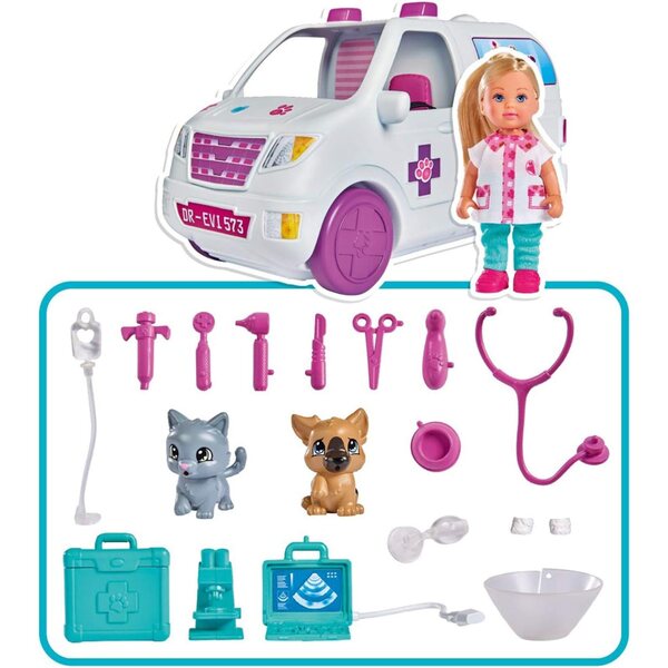 Evi Love Auto Veterinary 2 in 1 mit Puppe, Tieren und Smoby-Zubehör