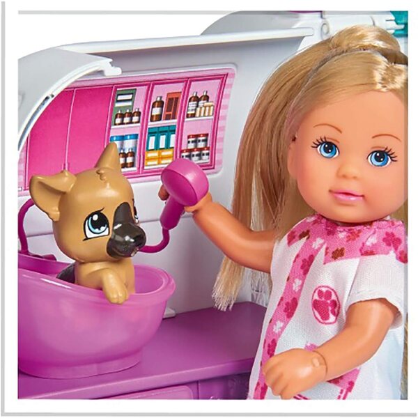 Evi Love Auto Veterinary 2 in 1 mit Puppe, Tieren und Smoby-Zubehör