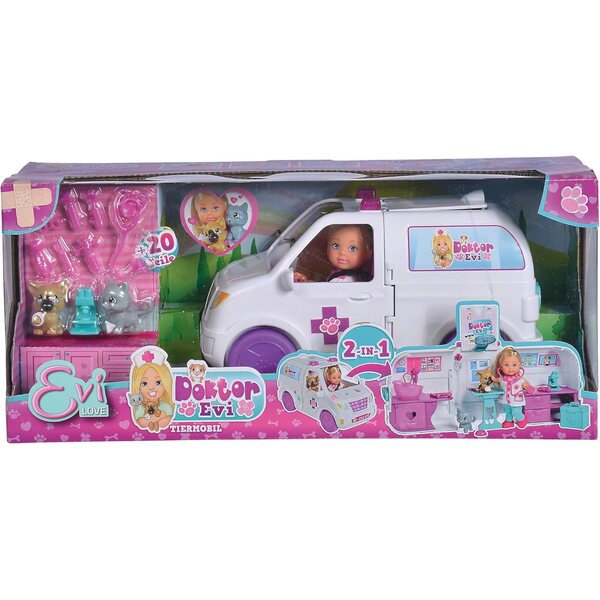 Evi Love Auto Veterinary 2 in 1 mit Puppe, Tieren und Smoby-Zubehör