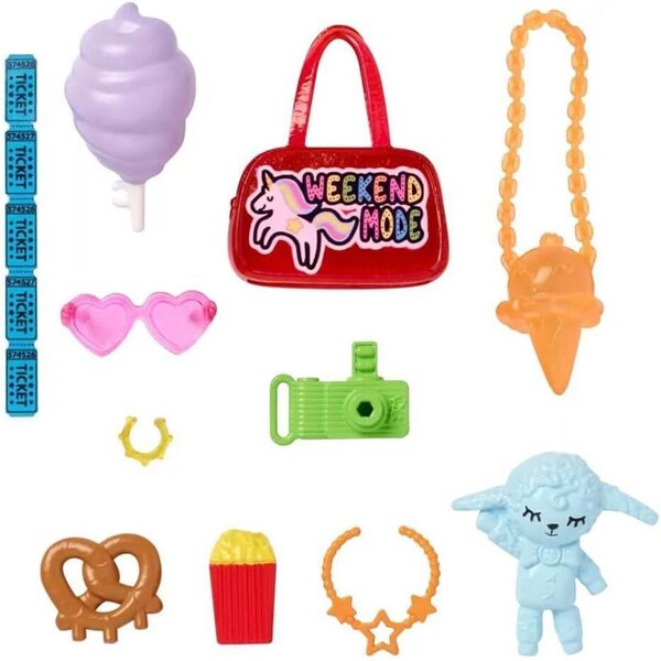 Barbie Mattel Weekend Modeaccessoires-Set, 11-teilig, Outfits und Schmuckpuppen