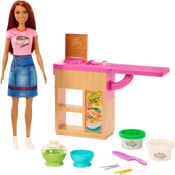 Barbie Nudelbank-Spielset mit Puppe und Küchenzubehör für Kinder ab 3 Jahren