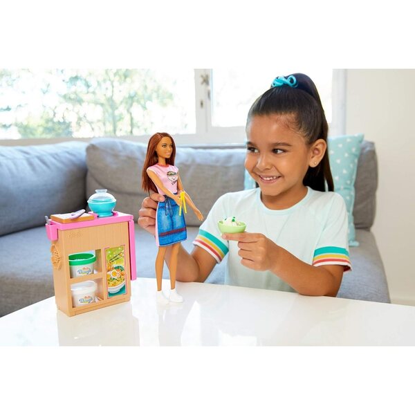 Barbie Nudelbank-Spielset mit Puppe und Küchenzubehör für Kinder ab 3 Jahren