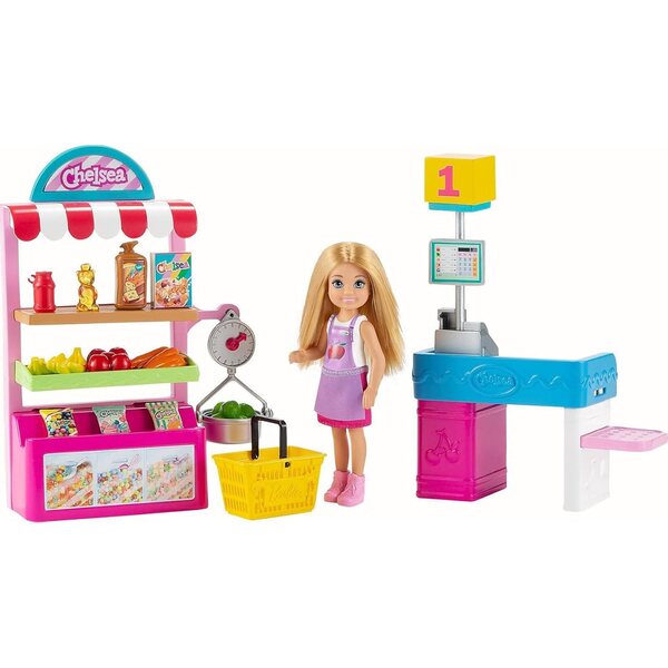 Barbie Snack-Kiosk-Spielset mit Chelsea und 15+ Zubehörteilen für Kinder ab 3 Jahren