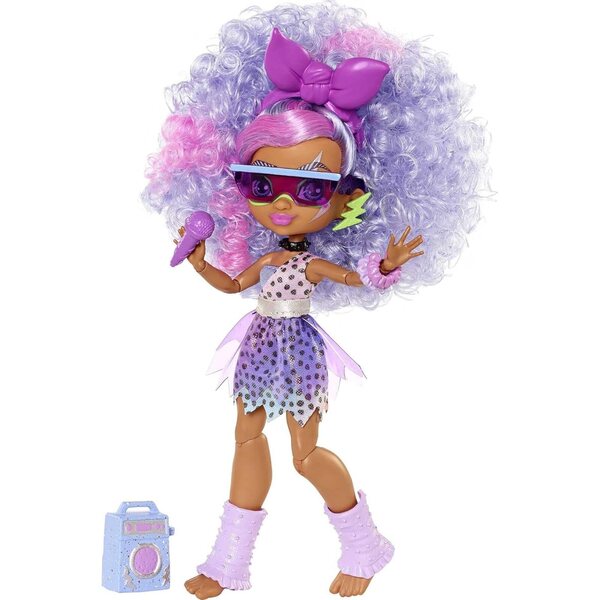 Cave Club Bashley Dino Rockin' Party-Puppe mit 10 Accessoires, lila Haaren und prähistorischem Outfit