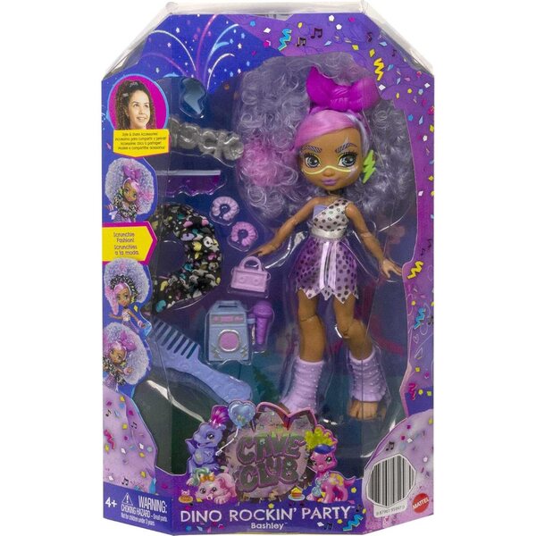 Bambola Cave Club Bashley Dino Rockin' Party con 10 accessori, capelli viola e outfit preistorico