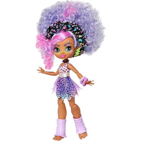 Bambola Cave Club Bashley Dino Rockin' Party con 10 accessori, capelli viola e outfit preistorico