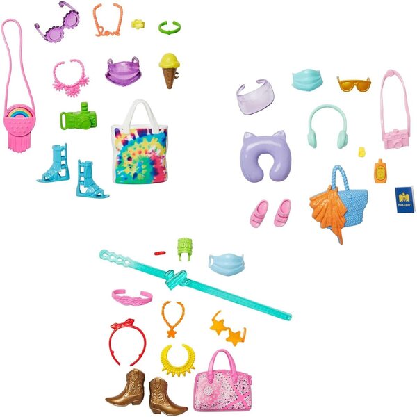 Barbie Travel Fashion Storytelling Pack – Set mit 11 modischen Reiseaccessoires