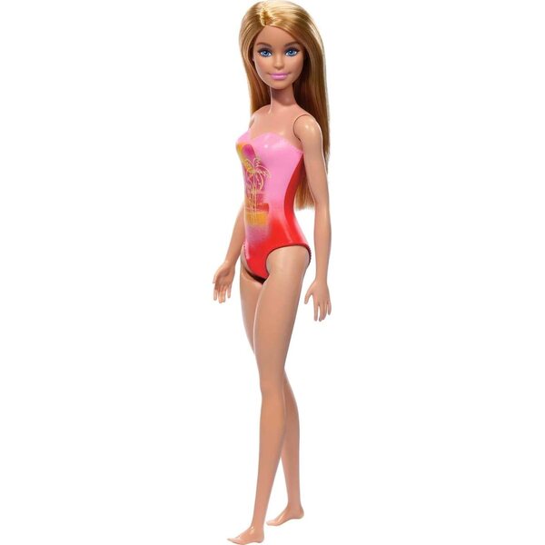 Barbie-Strandpuppe mit farbenfrohem Badeanzug und trendigem Design für Sommerspiele