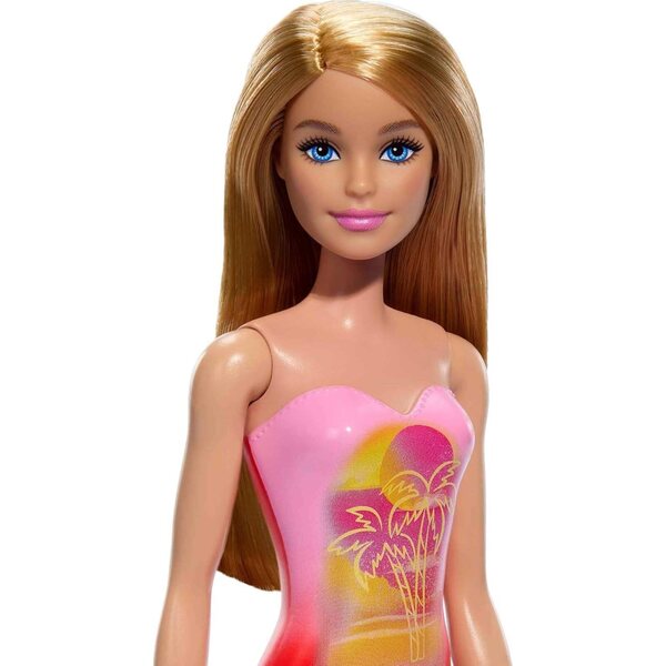Barbie-Strandpuppe mit farbenfrohem Badeanzug und trendigem Design für Sommerspiele