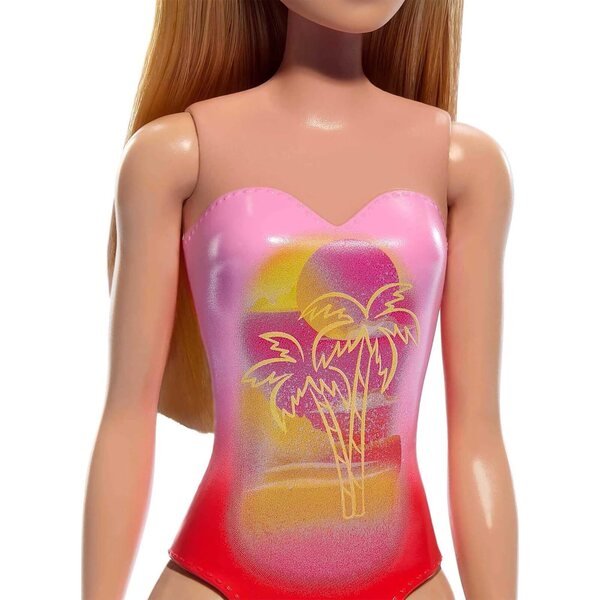 Barbie-Strandpuppe mit farbenfrohem Badeanzug und trendigem Design für Sommerspiele