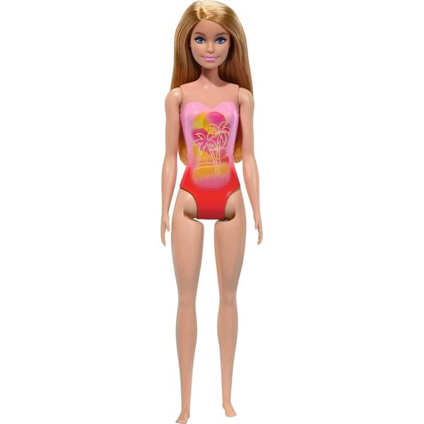 Barbie-Strandpuppe mit farbenfrohem Badeanzug und trendigem Design für Sommerspiele