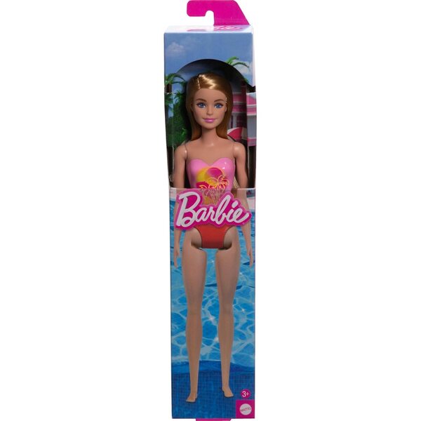 Barbie-Strandpuppe mit farbenfrohem Badeanzug und trendigem Design für Sommerspiele
